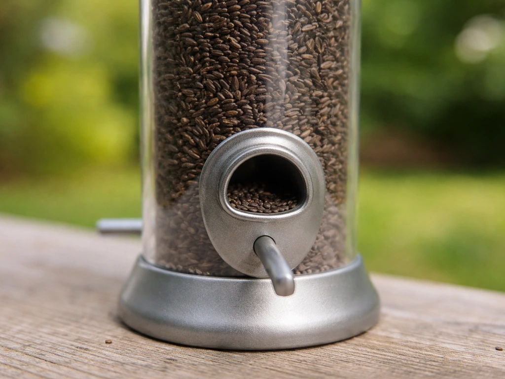 Close-up of a nyjer tube feeder with tiny seeds and the fine-port opening in clear view.