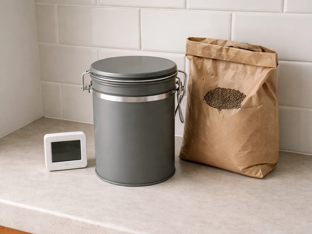 Sealed metal container of bird nyjer seed beside an original bag, with a small humidity/temperature device nearby.