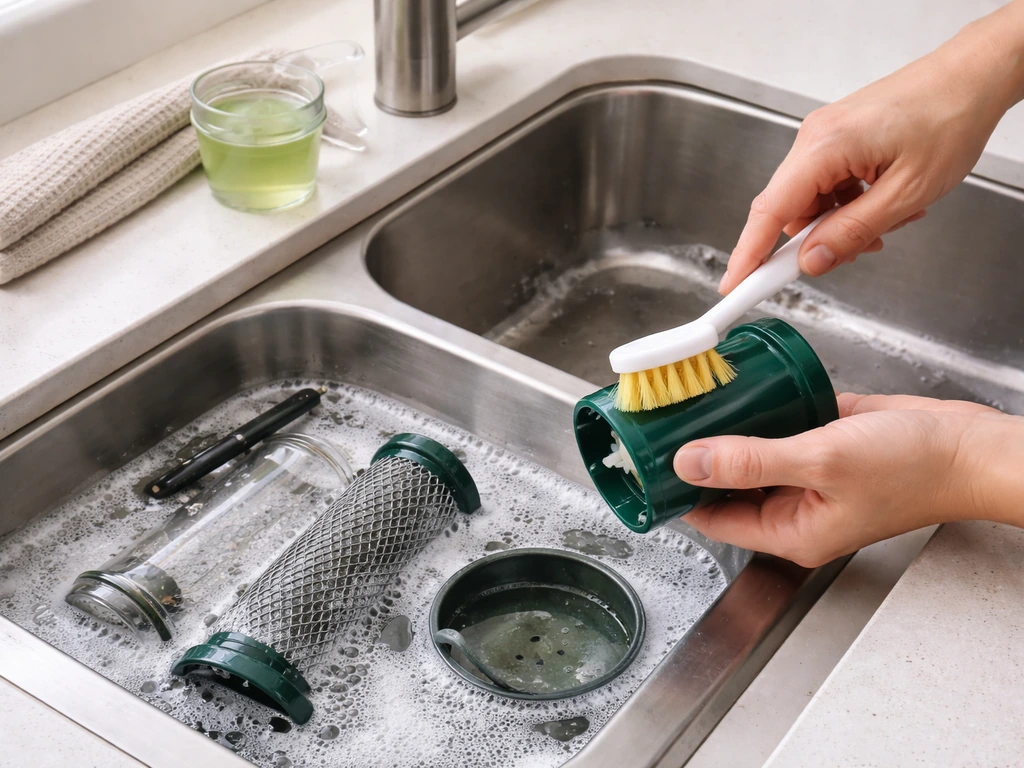 Hands scrubbing disassembled bird feeder parts in soapy water for clean, mold-preventive hygiene