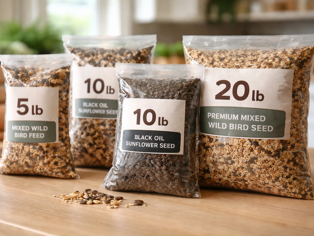 Close-up of multiple bird seed bags on a table, showing different bag sizes and seed types.