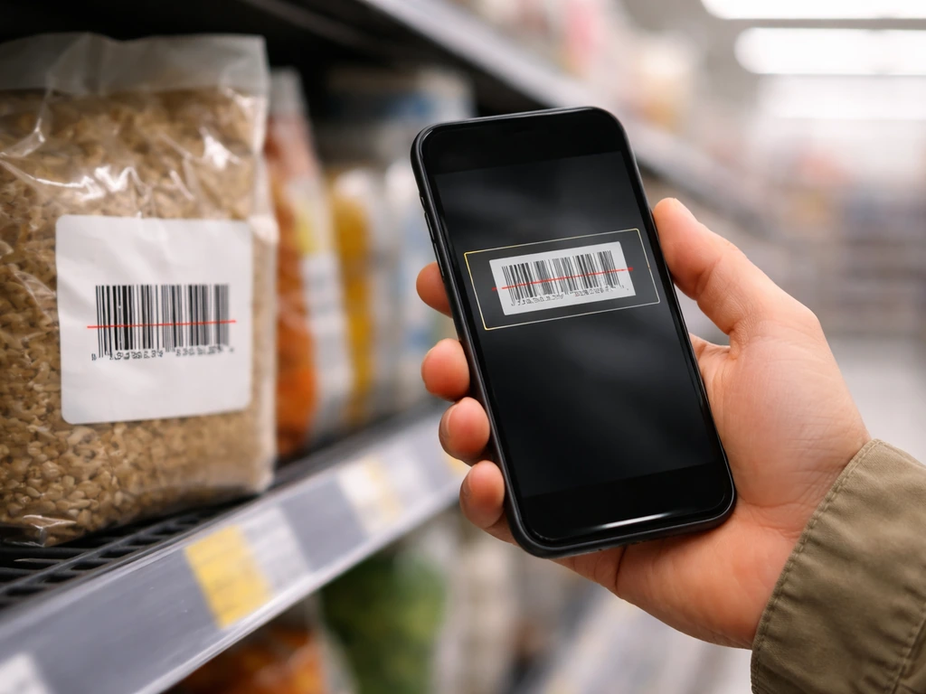 Close-up of a shopper holding a smartphone scanner in a store aisle, aimed at a product barcode label.