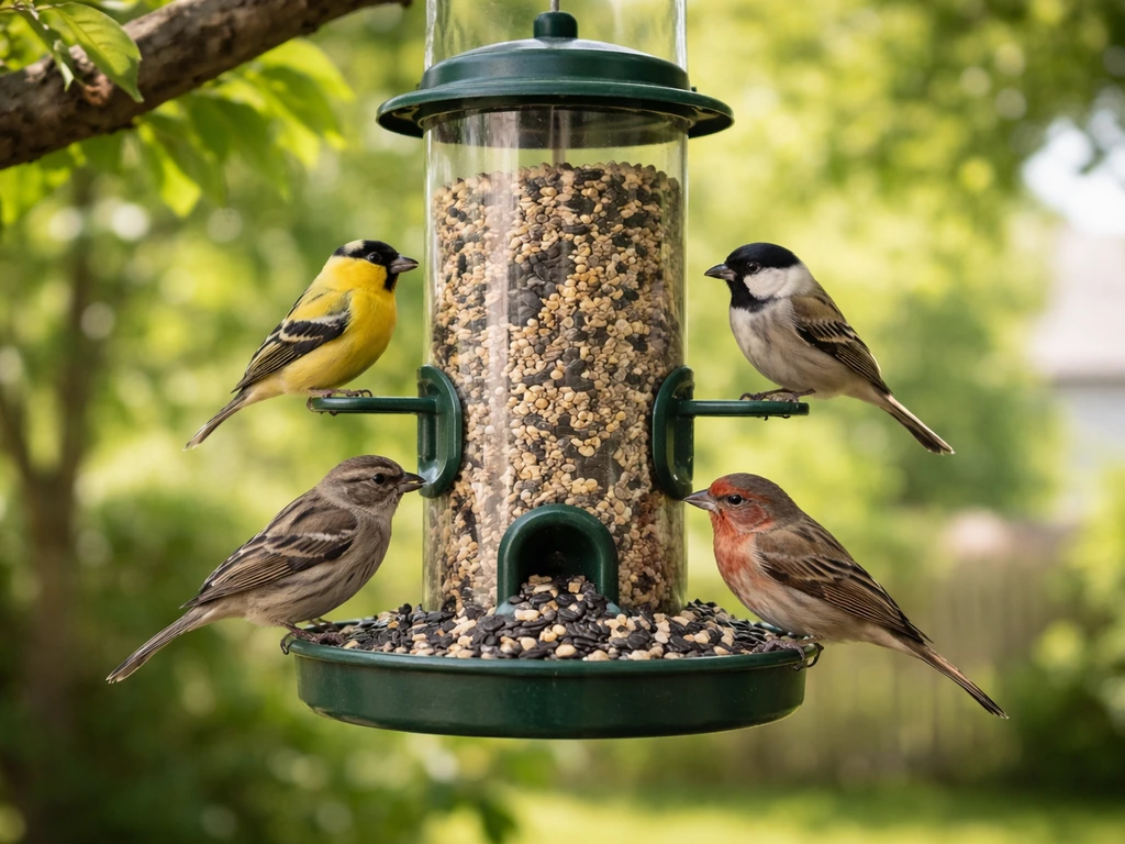Small backyard birds eating visible black oil sunflower seeds at a hanging feeder.