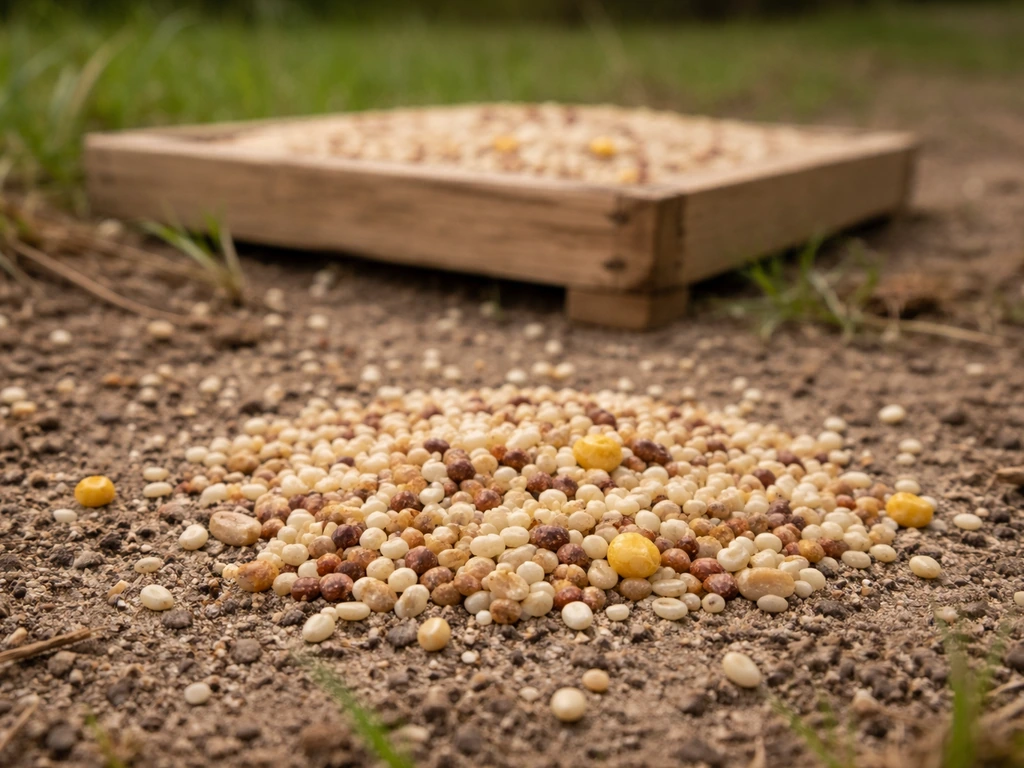 Close-up of white proso millet and mixed bird seed scattered near a low platform feeder