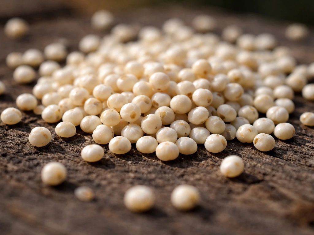 Close-up of white proso millet grains scattered on a dark surface, with clear round seeds.