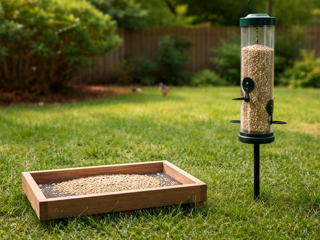Low platform tray with millet next to a tube feeder in a backyard yard with grass and greenery.