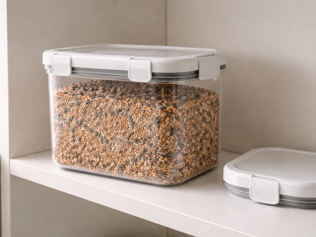 Airtight rigid container filled with bird seed in a dry pantry-like storage area