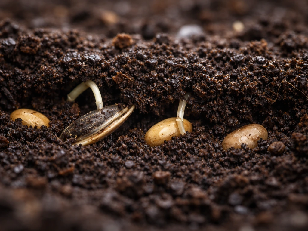 Bird seed nestled in moist soil with faint early germination starting beneath the surface.