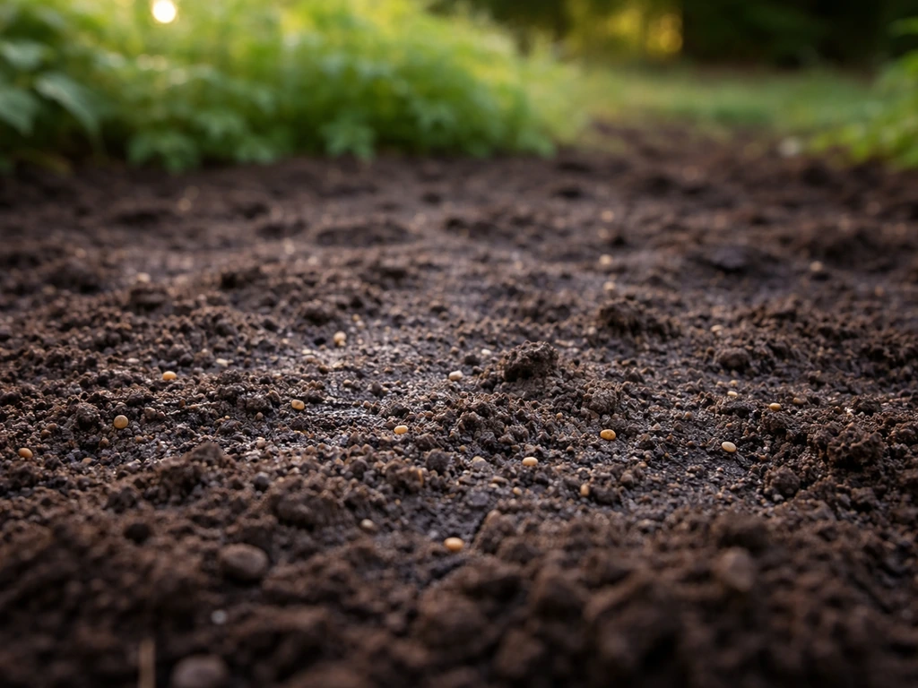 Moist dark soil with small embedded bird seeds, no shoots visible yet after watering.