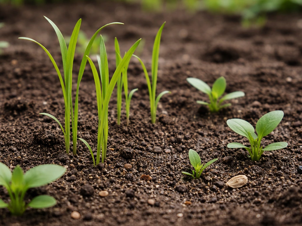 Close-up of mixed emerging seedlings in soil—tall millet-like sprouts alongside broader weed seedlings.