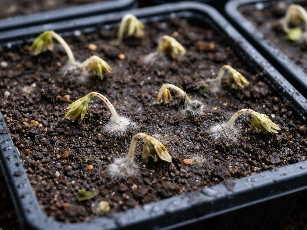 Close-up of seedling bed showing collapsed seedlings and damp, moldy soil at the soil line
