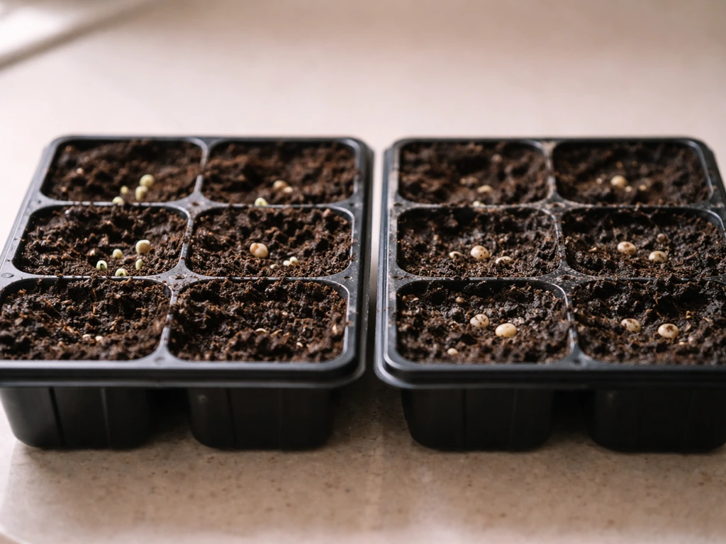 Close-up of two neighboring seedling trays showing healthy pale sprout tips versus failed pale rot.