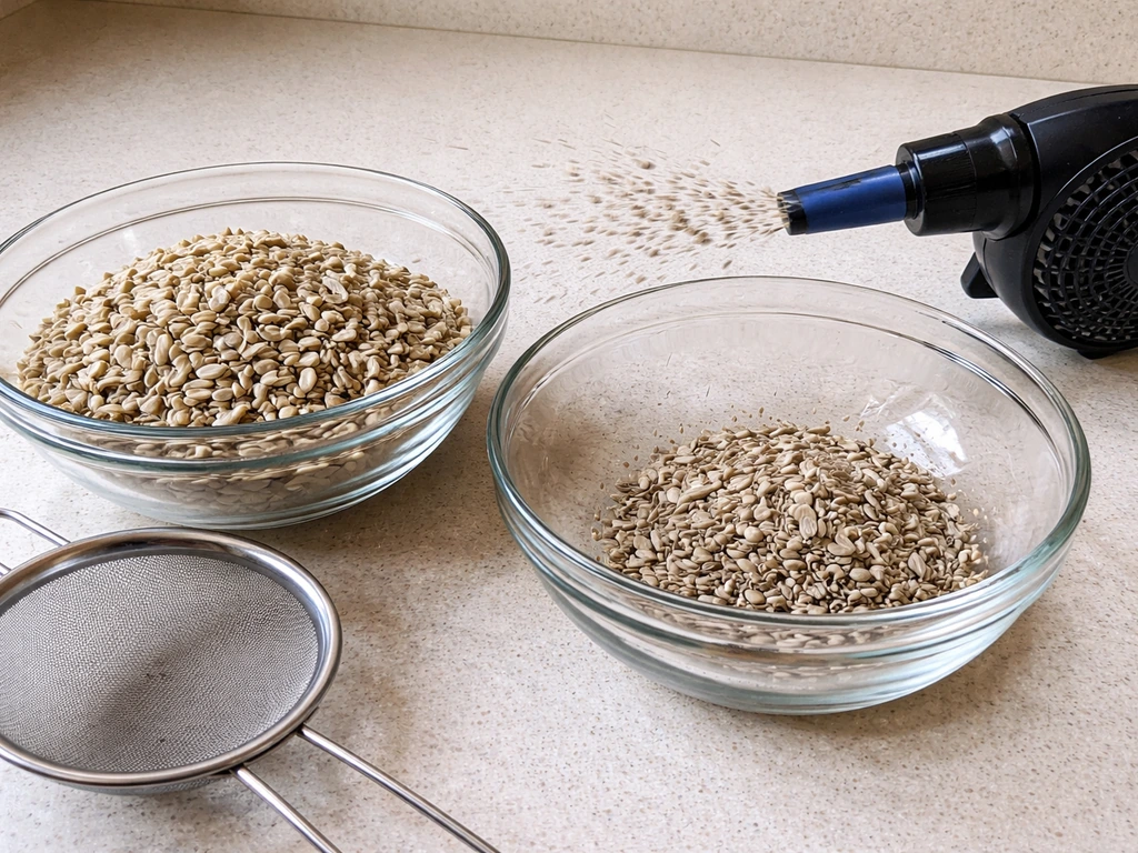 Kitchen counter scene showing sunflower seed kernels separated from hull fragments using a sieve and airflow.