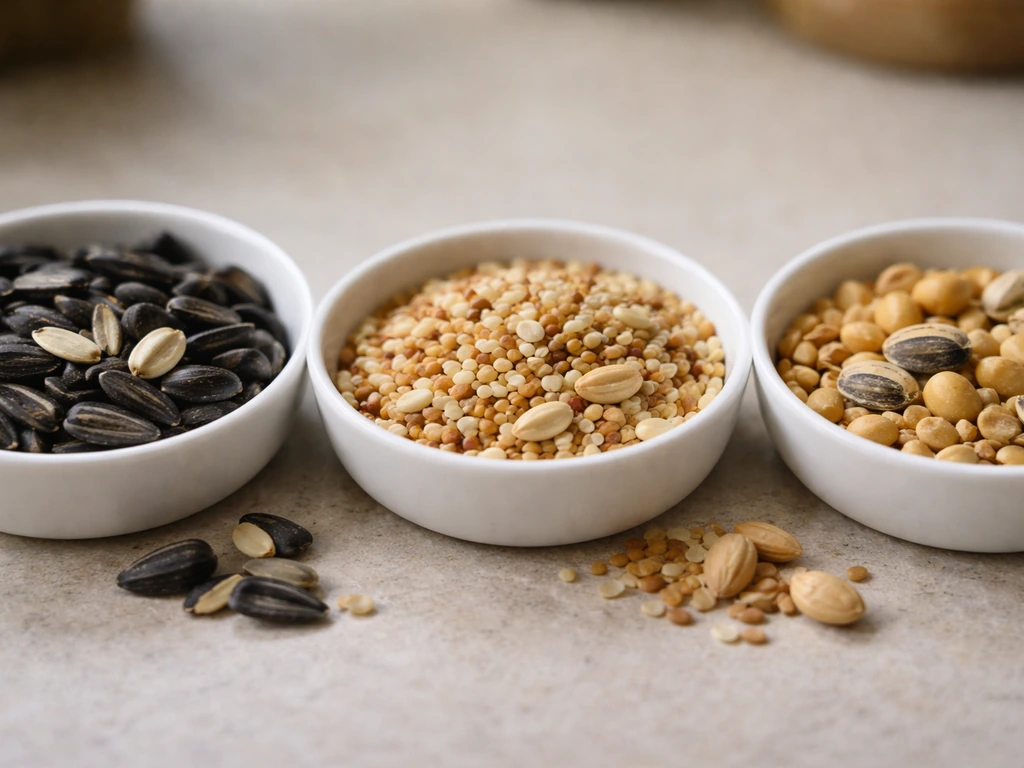 Close-up of three types of bird seeds in separate piles, showing varied hull textures and ease of peeling.