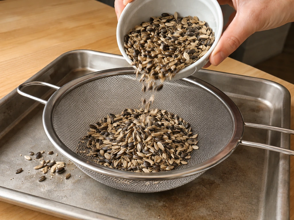 Cracked seed kernels pour through a metal sieve into a tray to separate hull pieces.