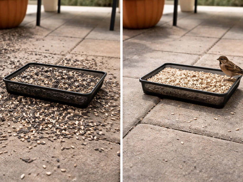 Before/after split: patio feeder area covered in hulls vs cleaner ground with pre-hulled seed tray.