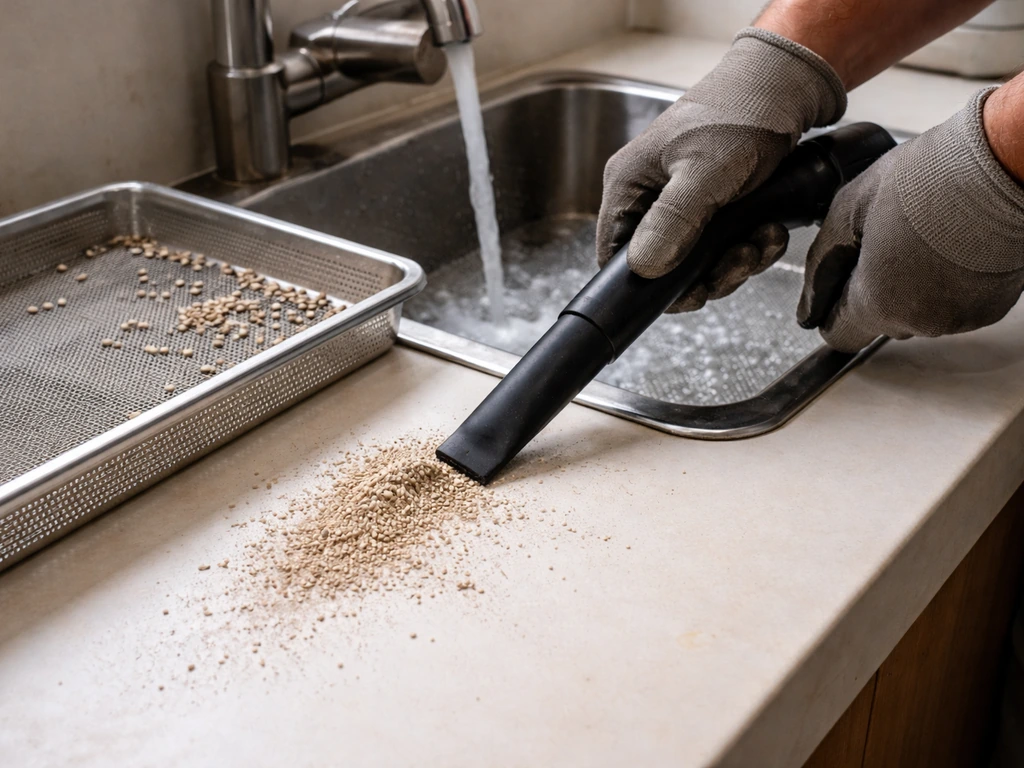 Person vacuuming hull dust from a workshop table while washing mesh trays nearby.
