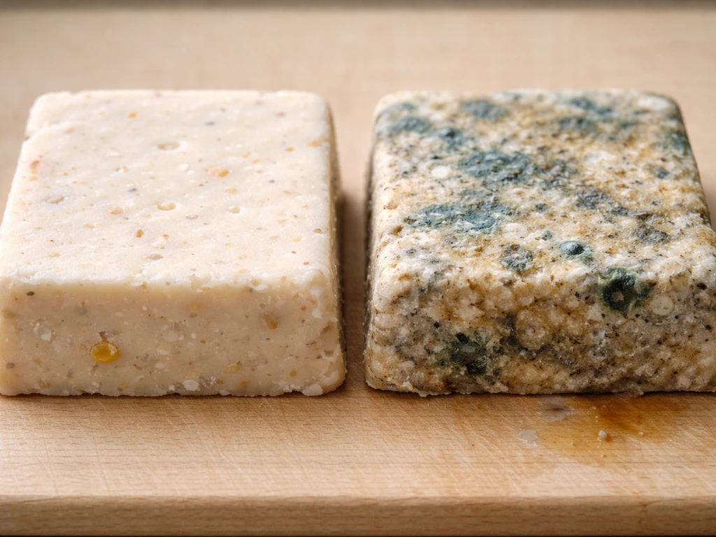 Close-up of fresh and spoiled suet cubes—fresh is clean and glossy, spoiled shows dull discoloration and mold.