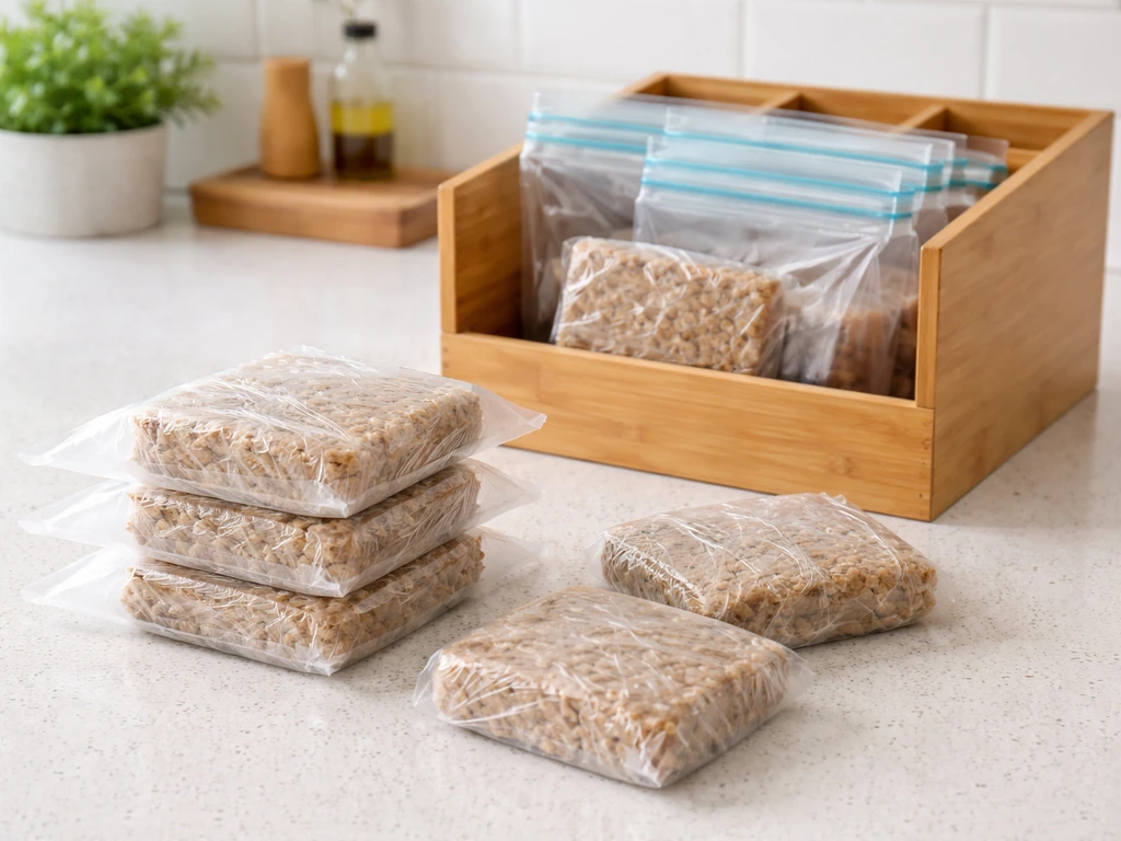 Individually plastic-wrapped suet cakes placed into separate zip-top freezer bags on a kitchen counter.