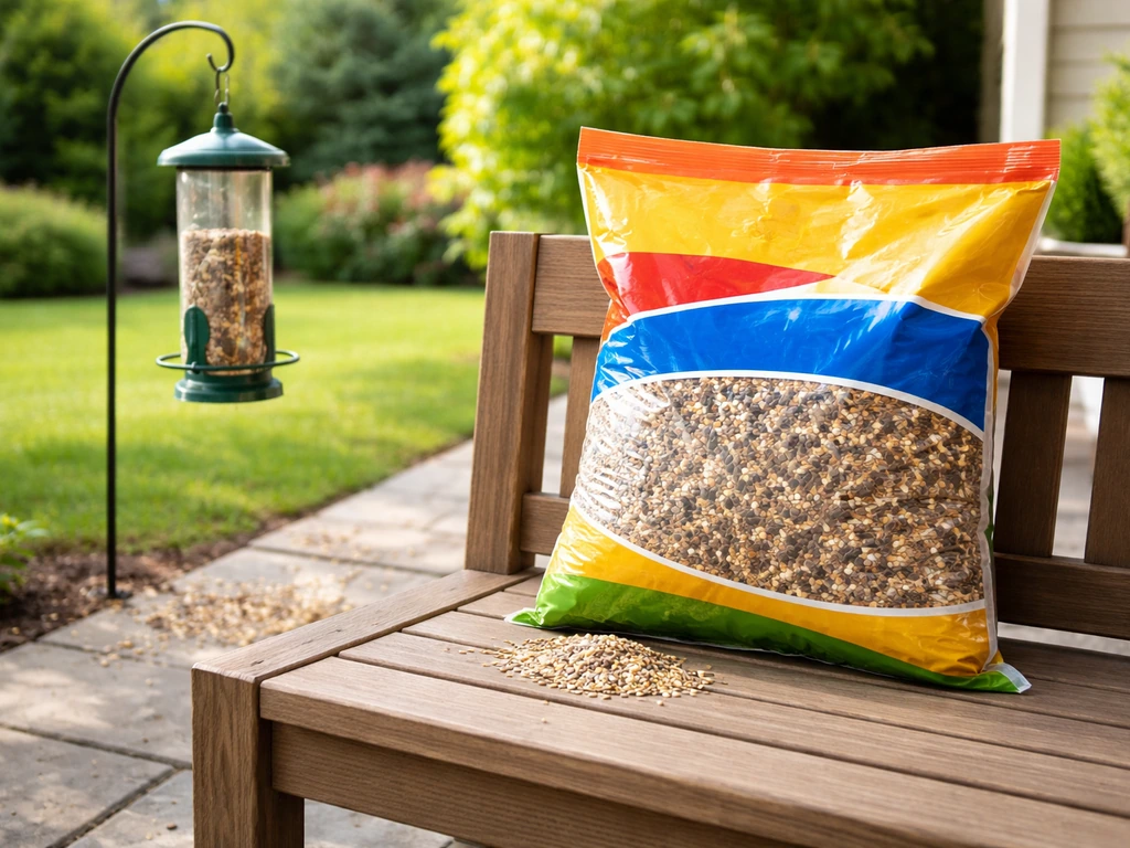 Discount bird seed bag on a bench beside a small bird feeder outdoors in natural light.