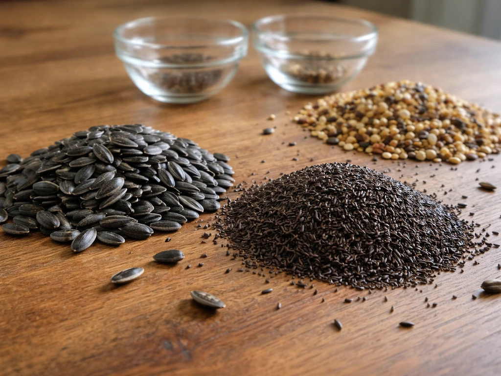 Close-up of separate bird seed types—black oil sunflower and nyjer—on a wooden table.