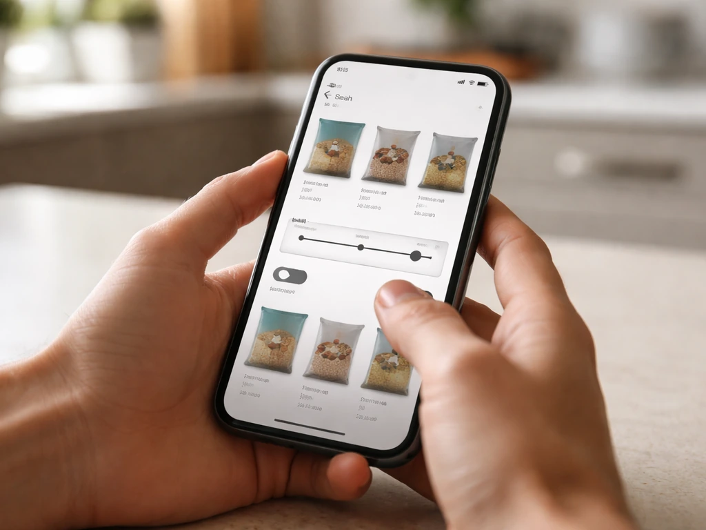Hands on a smartphone showing blurred bird seed deal filters, including price and a sale toggle.