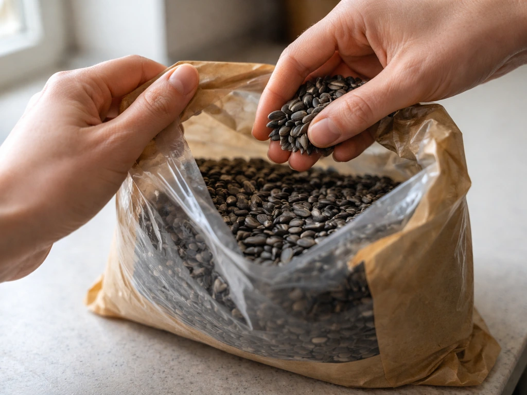 Partly unsealed bag of black oil sunflower seeds with a hand inspecting dark, dry seeds; sniff test setup