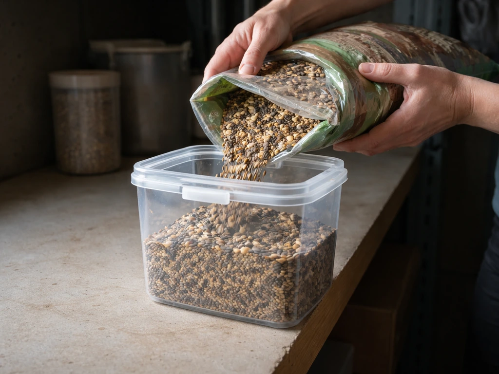 Hands transfer fresh bird seed into an airtight container on a cool, dry basement closet shelf.