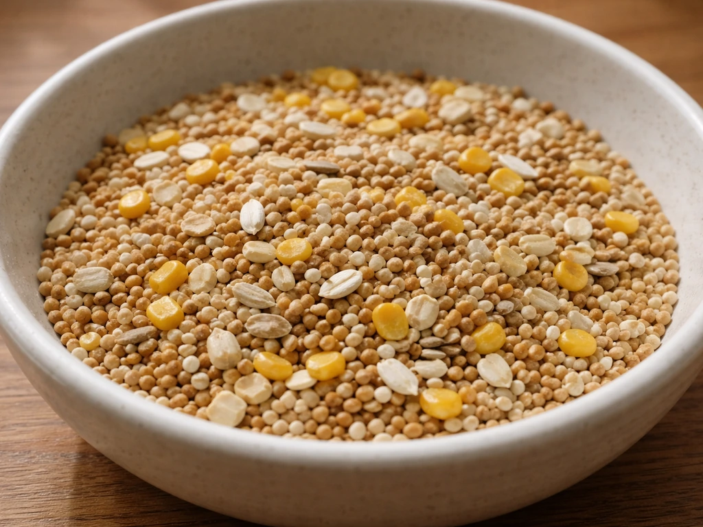 Close-up of millet, sunflower pieces, and corn kernels spread to show a wild bird seed blend variety.