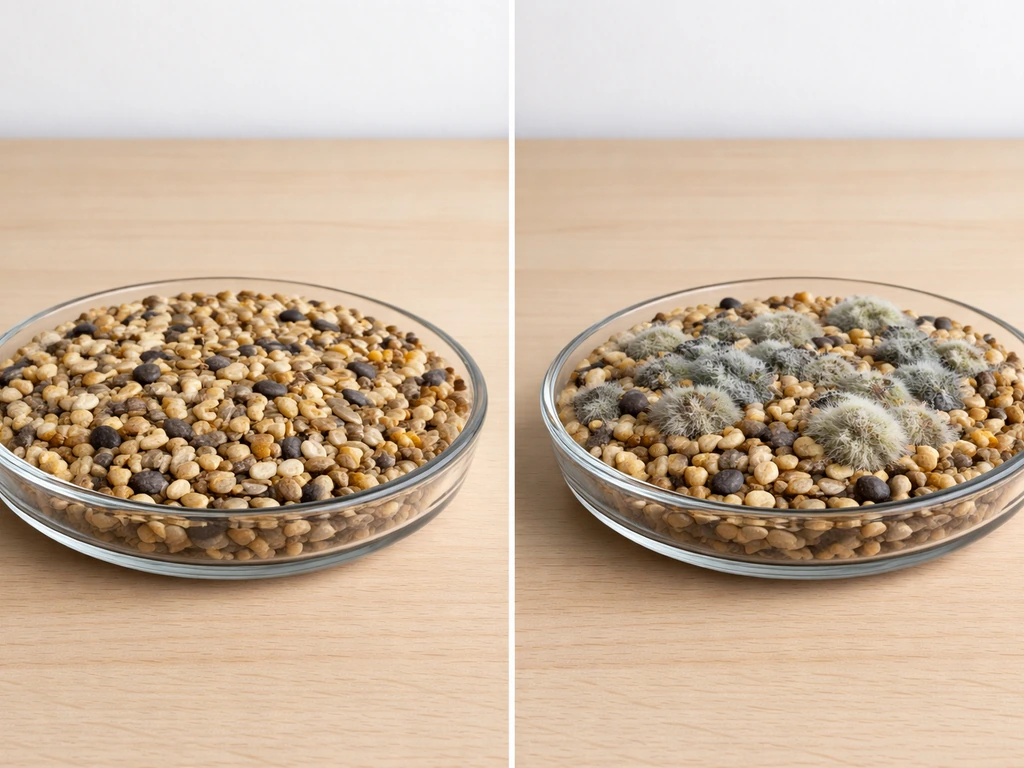 Side-by-side wild bird seed: dry kernels on one side, clumped moldy seed on the other.