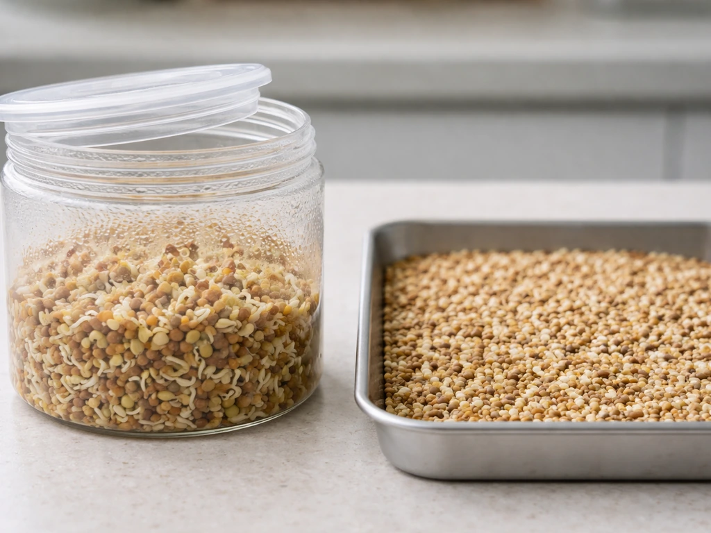 Moist container with condensation and sprouting grains beside a tray of dry single-layer seeds