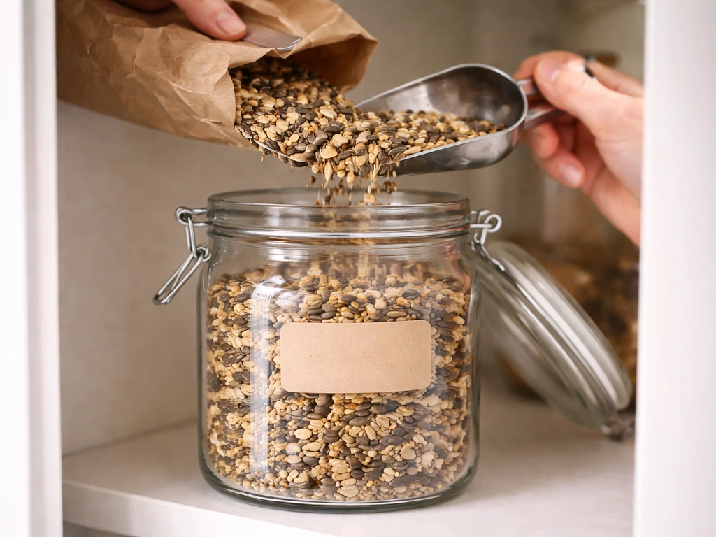Wild bird seed being poured into an airtight container and set on a pantry shelf.