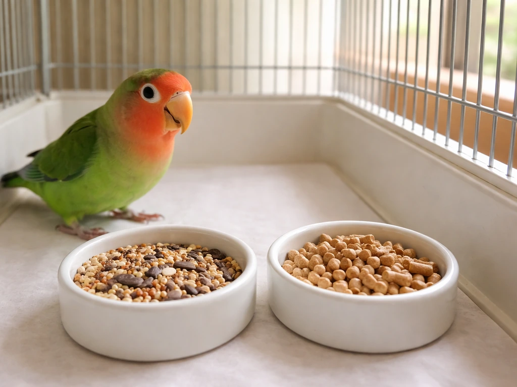 Lovebird cage with a small dish of pellets next to the normal seed dish during the transition period.