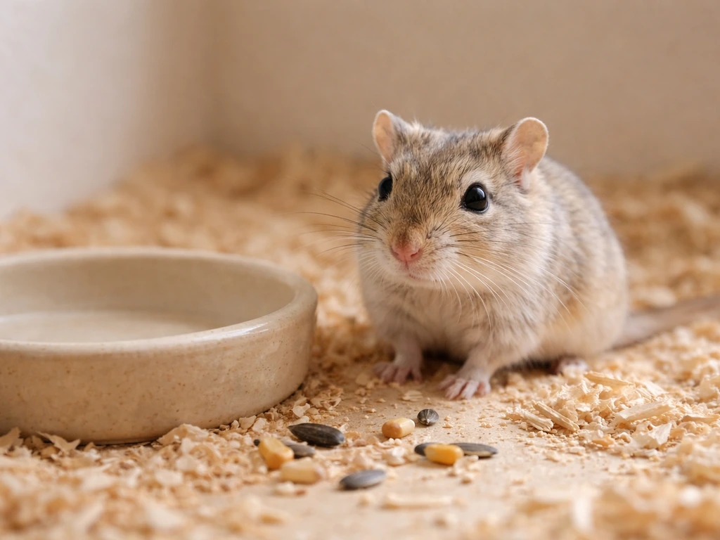 A gerbil on bedding next to scattered bird seed kernels in a simple enclosure.