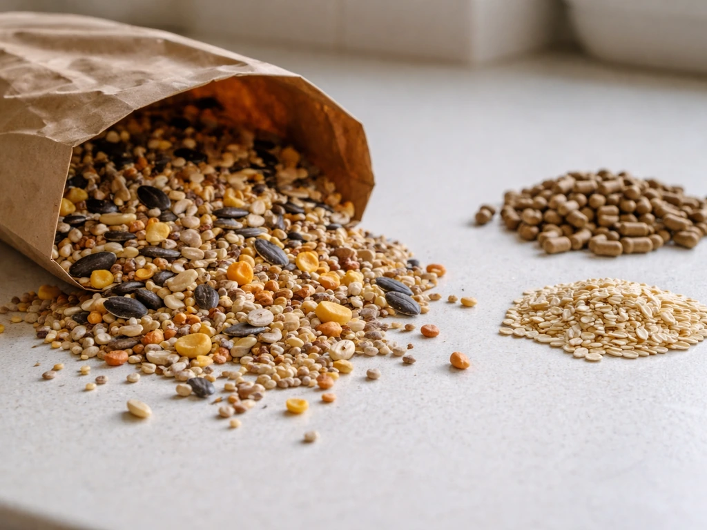 Bird seed spilled beside uniform gerbil pellets to show mismatched food types.