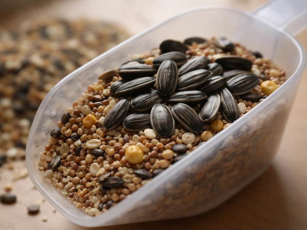 Close-up of sunflower seeds mixed in bird seed, showing many seeds at the top layer.