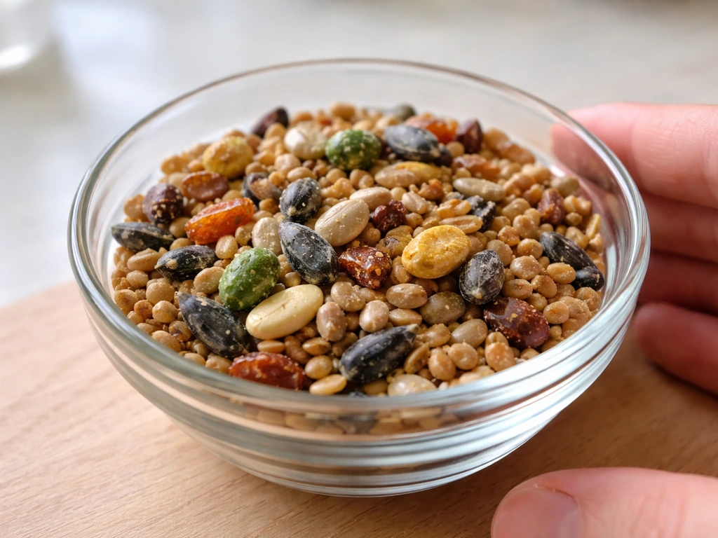 Close-up of oil-coated and vitamin-sprayed bird seed pellets in a bowl, suggesting additives