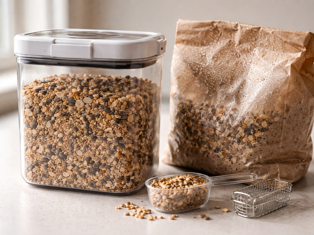 A sealed airtight bird seed container next to a damp, moisture-exposed seed bag on a counter.