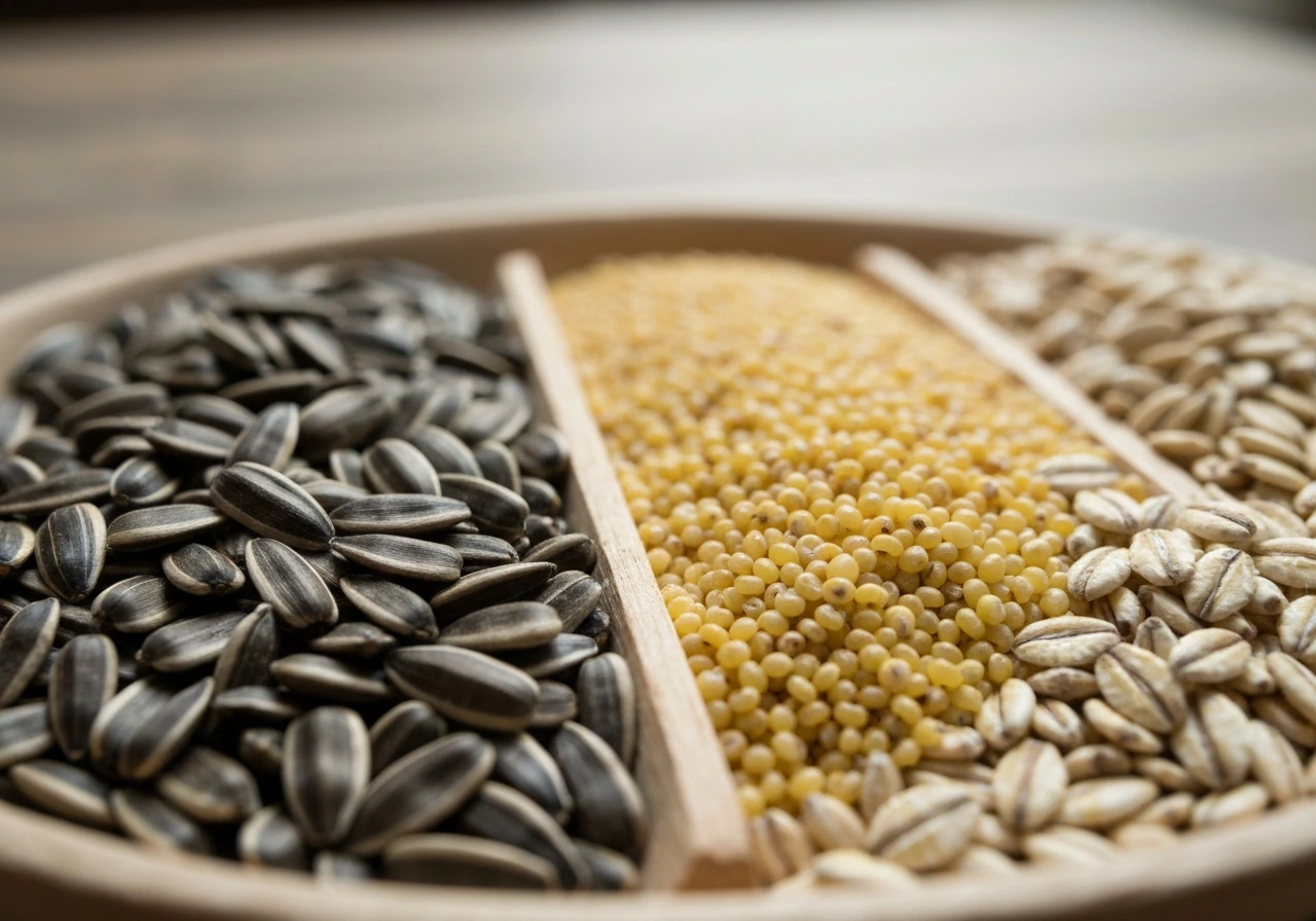 Close-up of black sunflower seeds, millet, and hulled barley/oats arranged in simple groups.