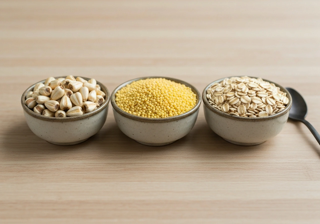 Three bowls of sunflower hearts, millet, and oats/milo on a light wooden table in natural light.