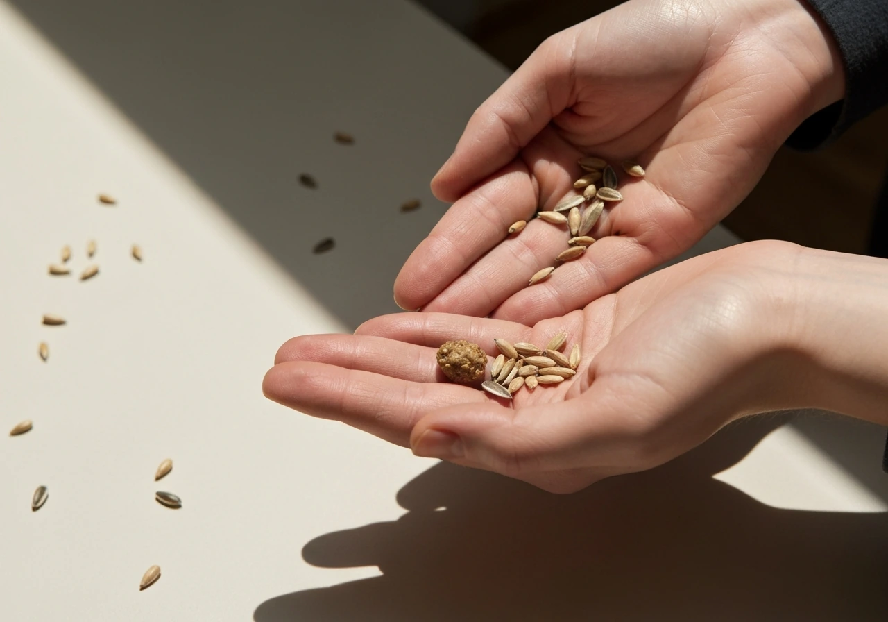 Close-up of hands holding a handful of bird seed with visible signs to check moisture and mold.