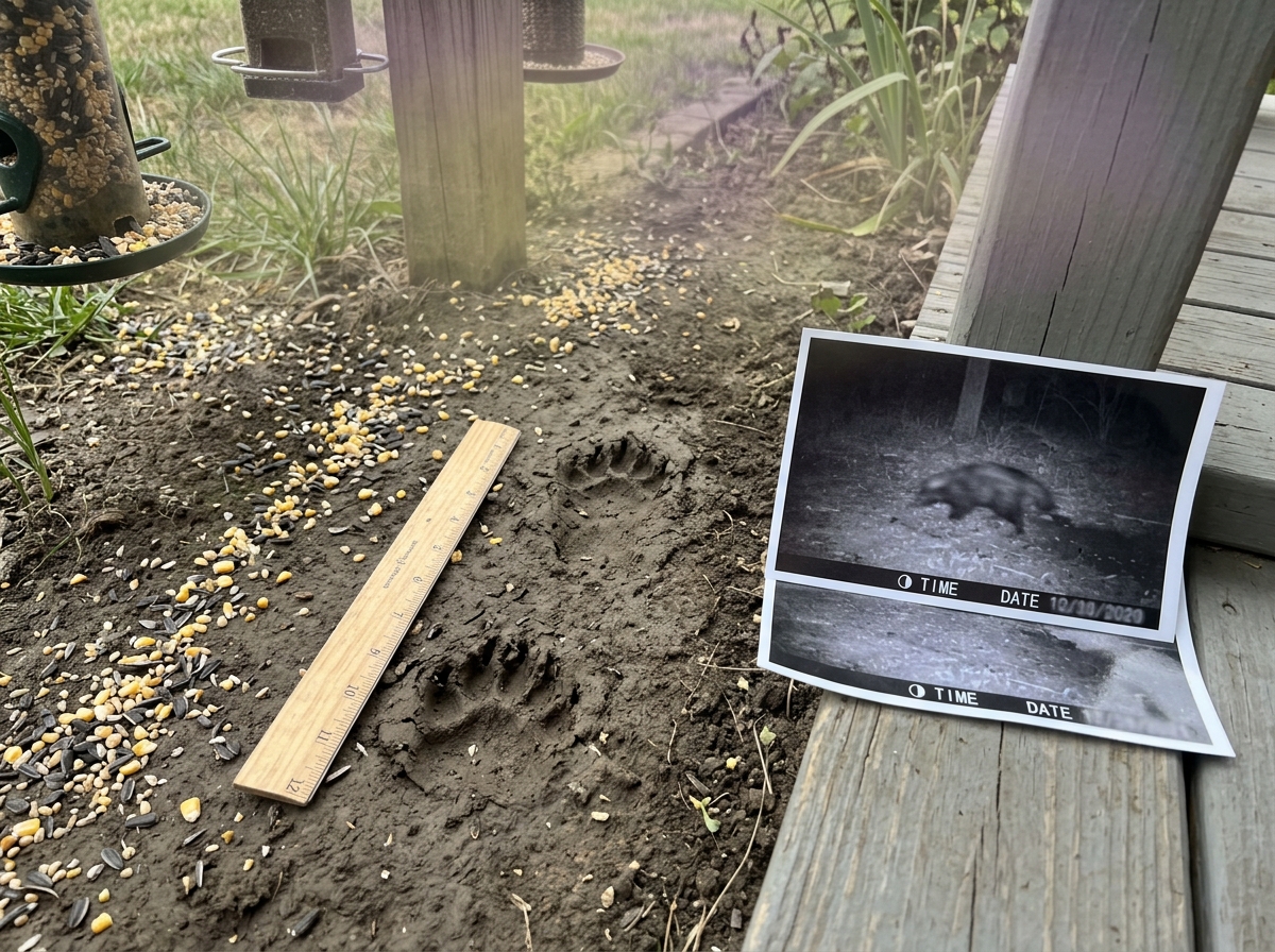 Skunk tracks in muddy ground near a bird feeder, showing five toes