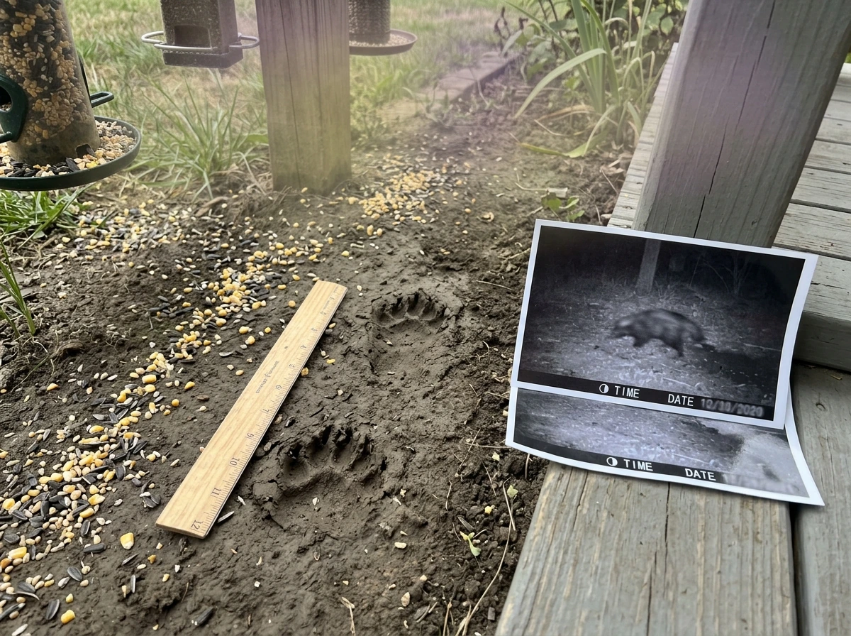 Skunk tracks in muddy ground near a bird feeder, showing five toes