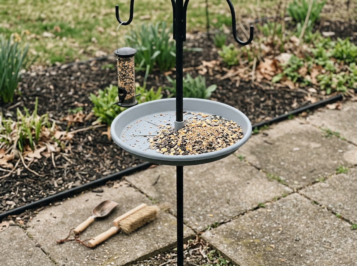 Seed tray catching spilled bird seed with ground below kept clean