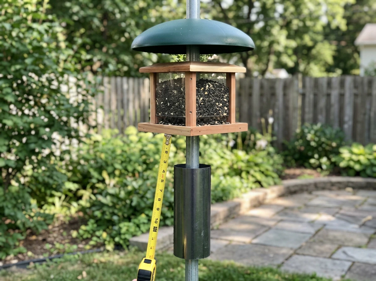 Bird feeder on a smooth pole with upper and lower baffles