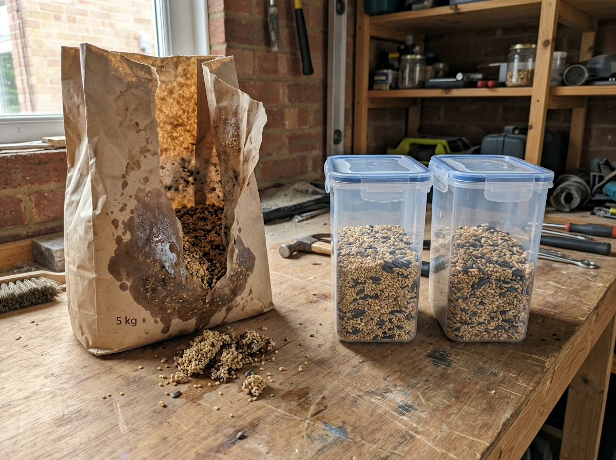 Damp clumped bird seed replaced with sealed, rodent-proof storage
