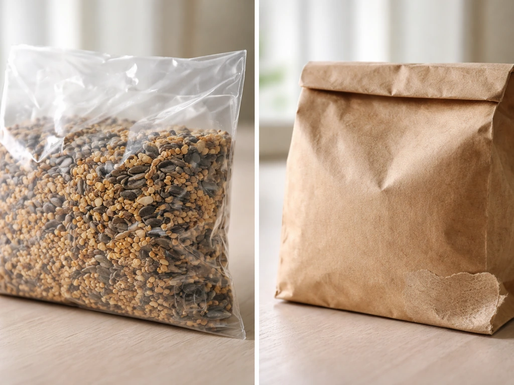 Split view of a plastic bird seed bag and a kraft paper bag, emphasizing texture for recyclability choice.