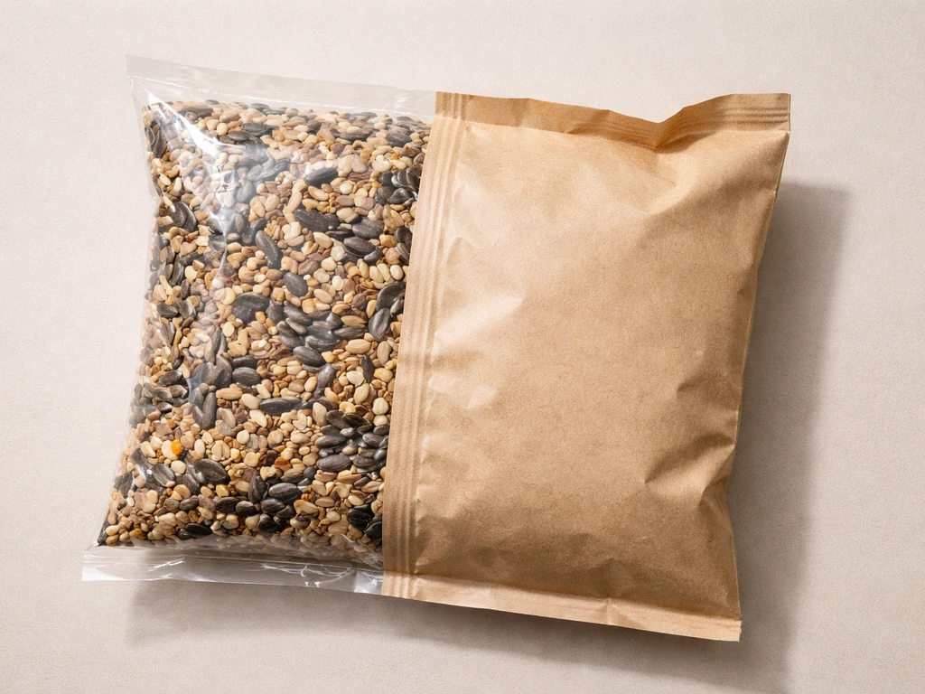 Close-up of a bird seed bag showing crinkly plastic film and matte kraft paper sections side by side.
