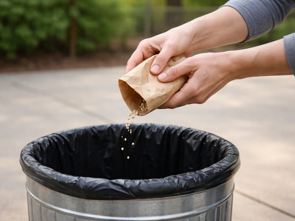 Person emptying a bag of seed over a trash can outdoors to prevent spills