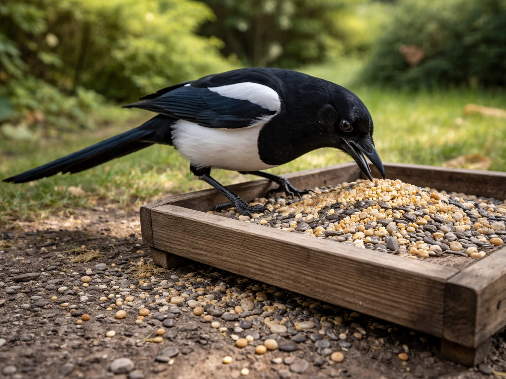 Magpie pecking bird seed at a low tray feeder with scattered seed on the ground in a backyard