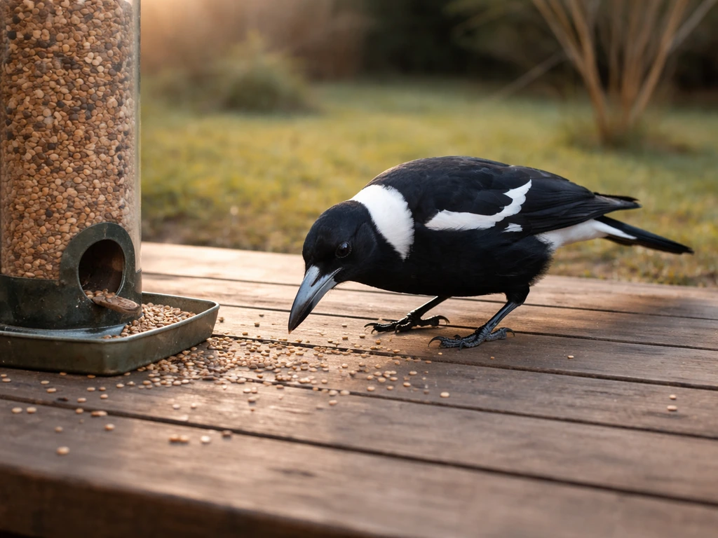 An Australian magpie pecking seeds at a backyard bird feeder in morning light.